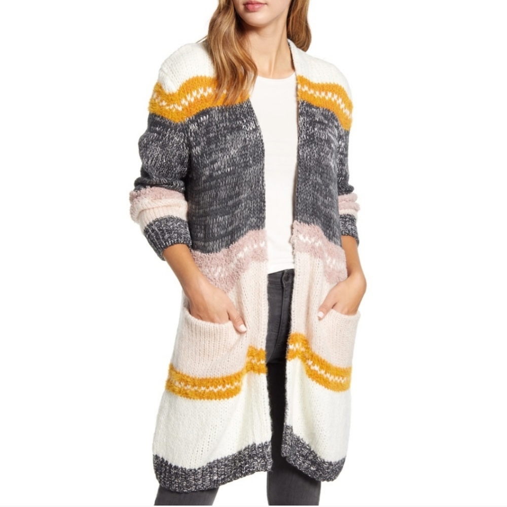 Caslon Mixed Knit Long Open Front Cardigan Sz S